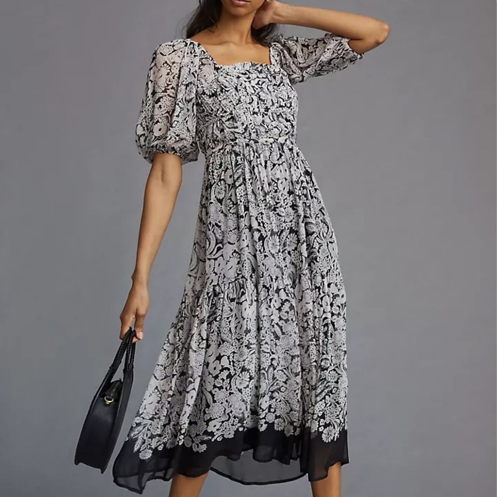 Anthropologie Squareneck‎ Smocked Midi Dress Black Floral L NWT Boho Cottagecore